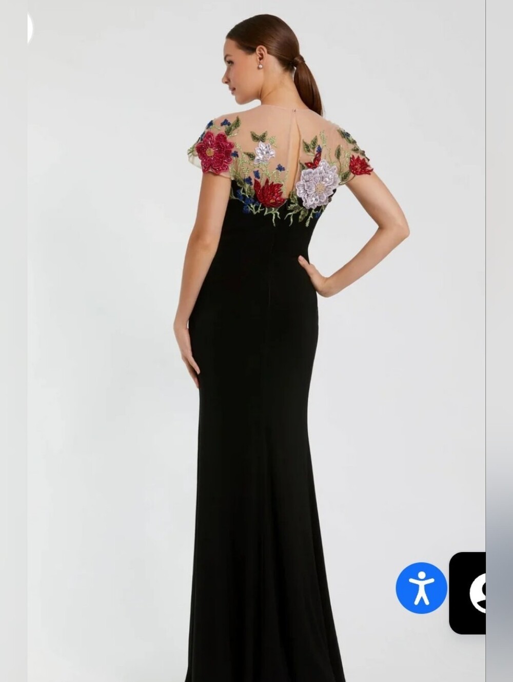 Mac Duggal Black Jersey Column Gown with Multicolor Floral Embroidery - Picture 2 of 8